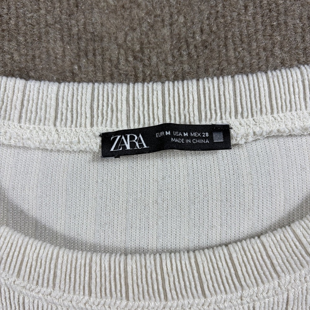 Zara Ribbed Knit Cropped Sweater White Cotton Crew Neck Lightweight Size M - Picture 3 of 6